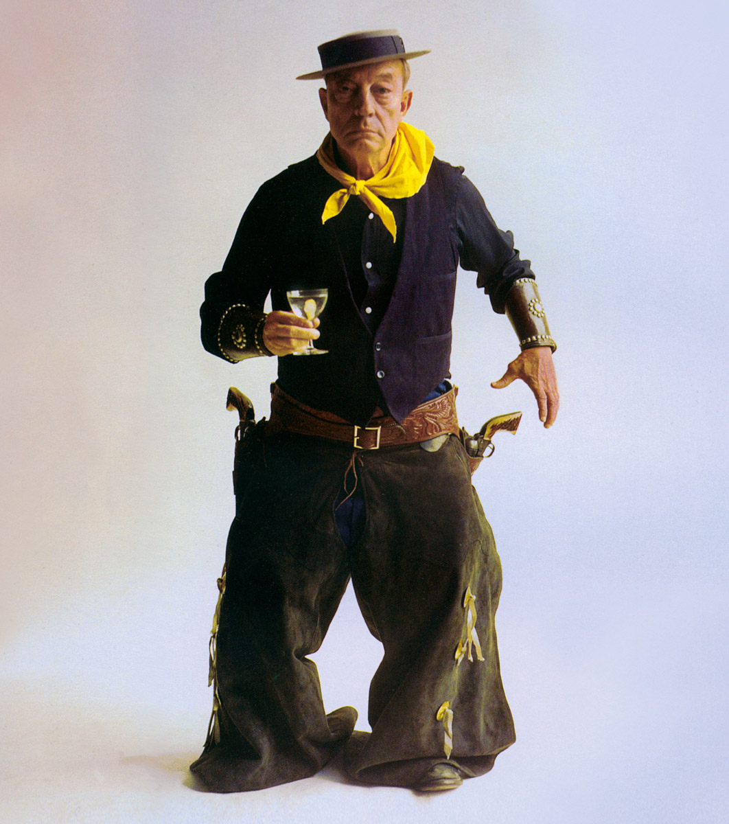 A photograph of Keaton dressed as a cowboy posing for a nineteen fifty-seven Smirnoff vodka advert.