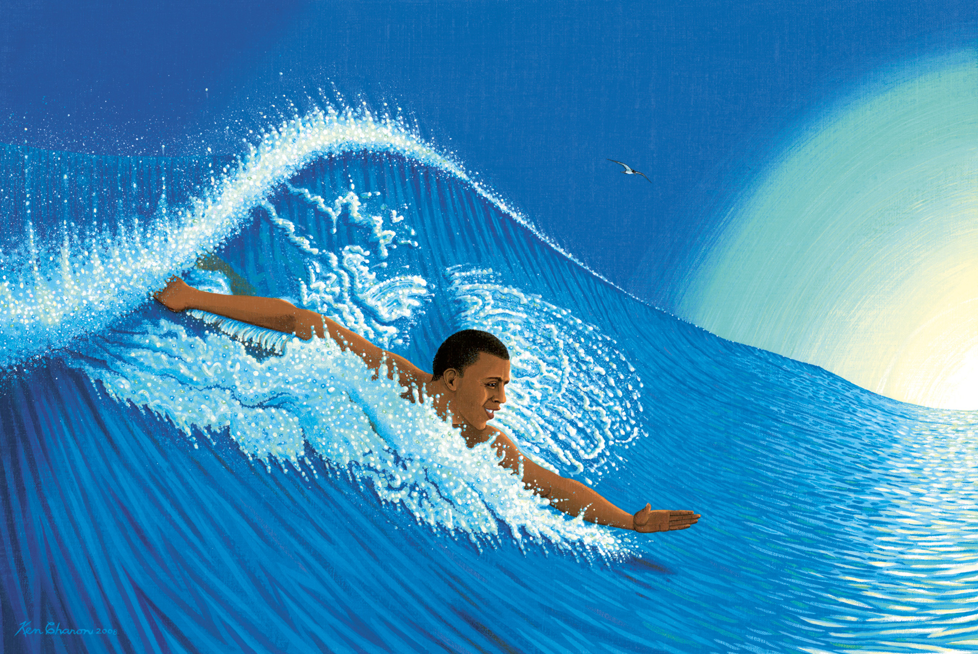 Ken Charon’s two thousand and eight painting of Obama swimming, titled “Obama Rides the Big Wave.”