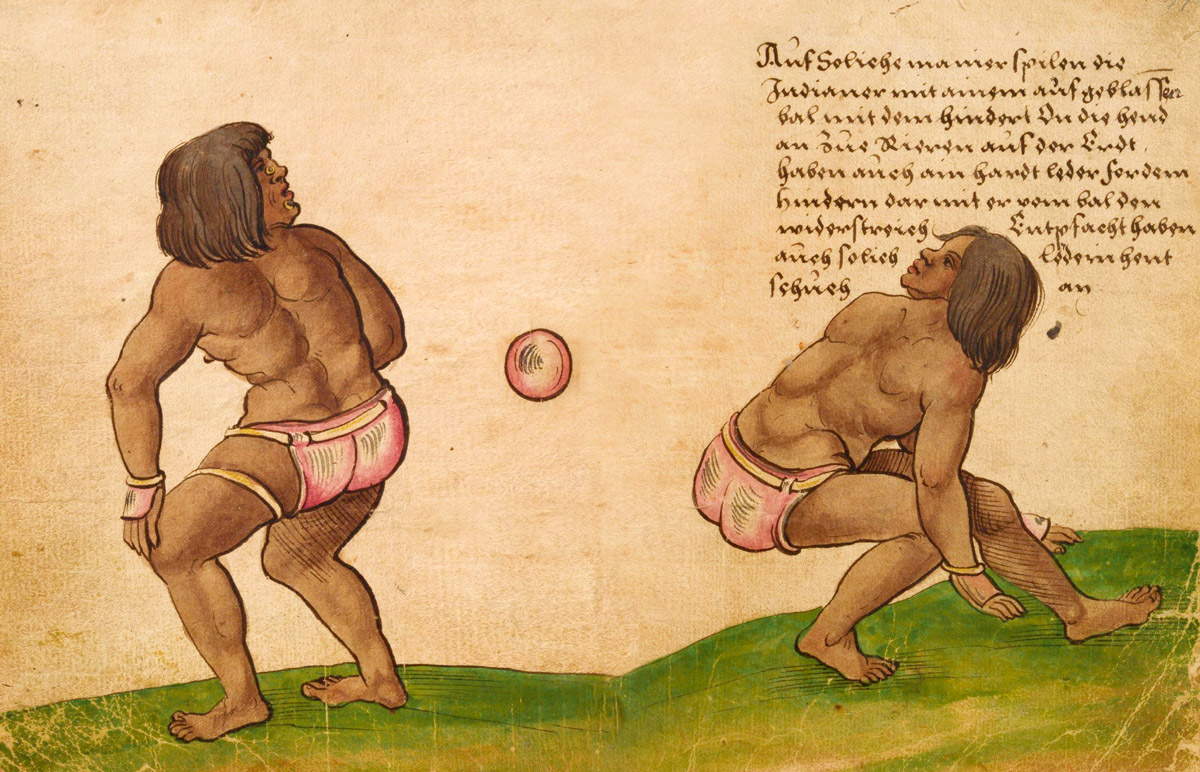 Drawing by Christoph Weiditz of Aztec ballplayers performing at the court of Charles V, 1528.