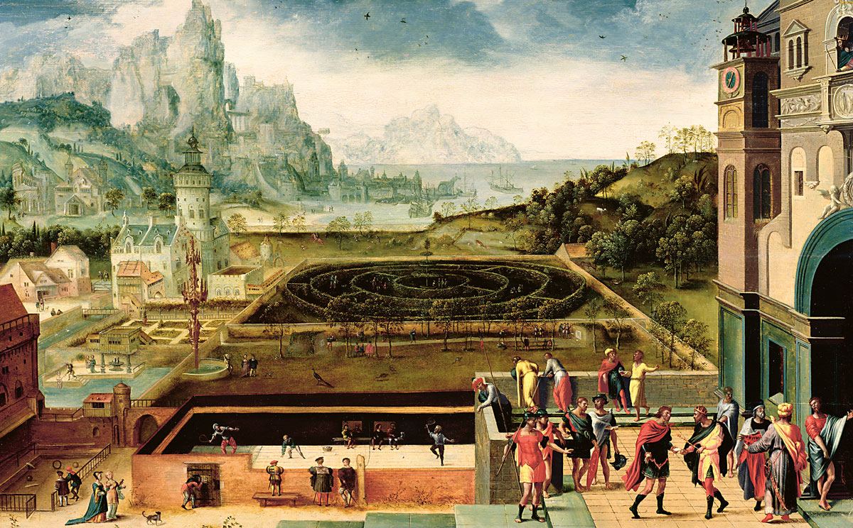 Herri met de Bles’s circa fifteen thirty-five to fifteen forty painting titled “Landscape with David and Bathsheba.” There are a number of Dutch paintings from this period on the theme of David and Bathsheba that are famous in the history of sport because they include some of the earliest representations of an enclosed jeu de paume court, located on the grounds of a palace belonging to Charles the Fifth. Roger Morgan, historian of real tennis, suggests that the paintings used the biblical allegory to evade the censors and allow for a sly protest against Charles the Fifth, who was hated by many for his suppression of the Protestant Reformation.