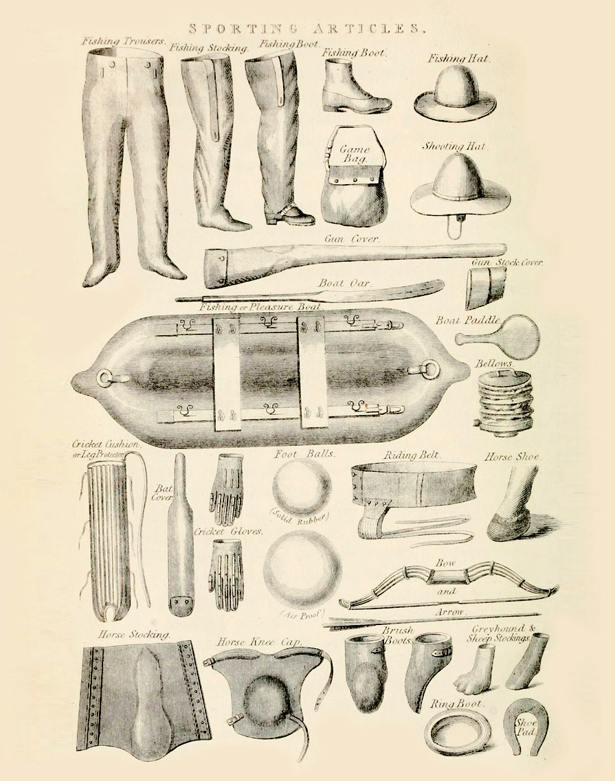 A page of “Sporting Articles” featuring an inflatable and a solid rubber ball. From Thomas Hancock’s The Origin and Process of India Rubber Manufacture (1857).