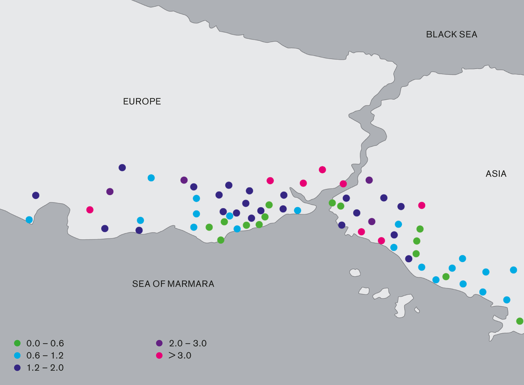 A diagram from the prospectus for TCIP’s cat bond prospectus depicting a schematic map of the Bosphorus, speckled with small, multicolored dots in and around the major urban areas of Istanbul. The dots represent seventy seismographic monitoring stations that are part of a global network of strong motion seismometers in urban areas. 