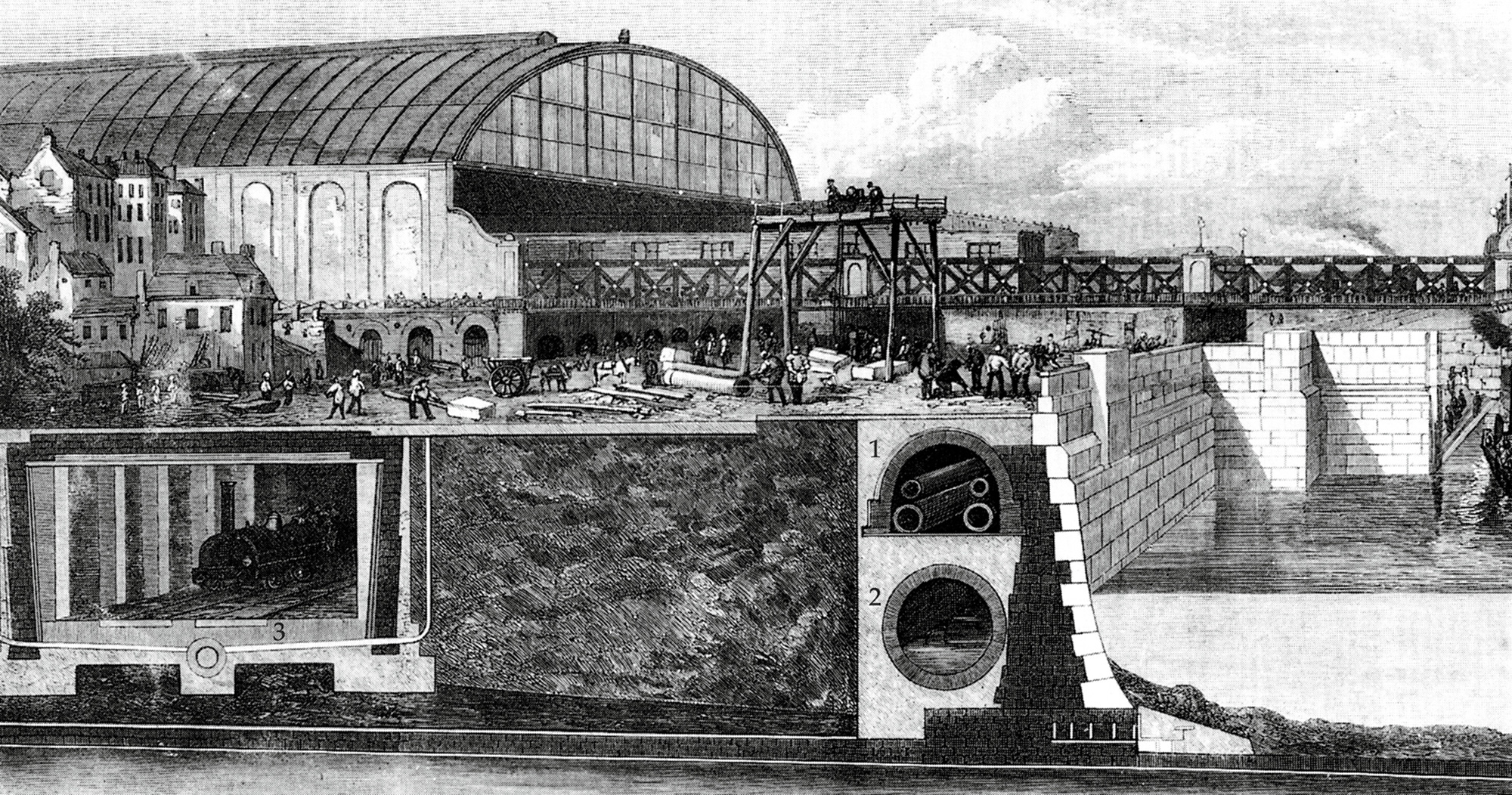 Section view of the Thames Embankment depicting London’s underground infrastructure. The tunnel for the Metropolitan District Railway is at left (3); Joseph Bazalgette’s sewer system (2) runs beneath the “subway,” a horizontal shaftway built to house gas and water pipes (1). From the Illustrated London News, 22 June 1867.