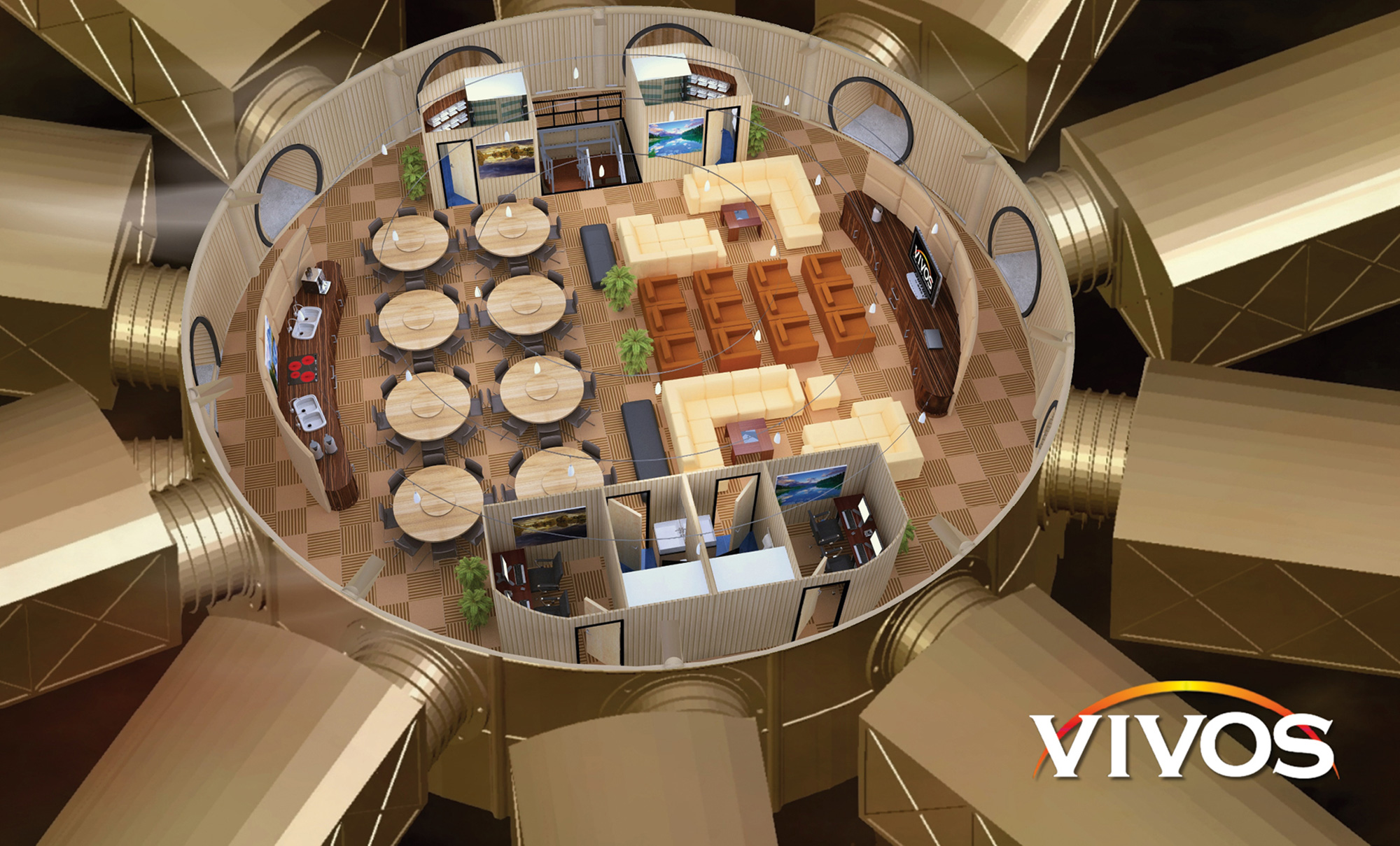 A digital rendering of a communal space in a Vivos shelter. The bunker structure contains couches, a cinema room, and dining tables.