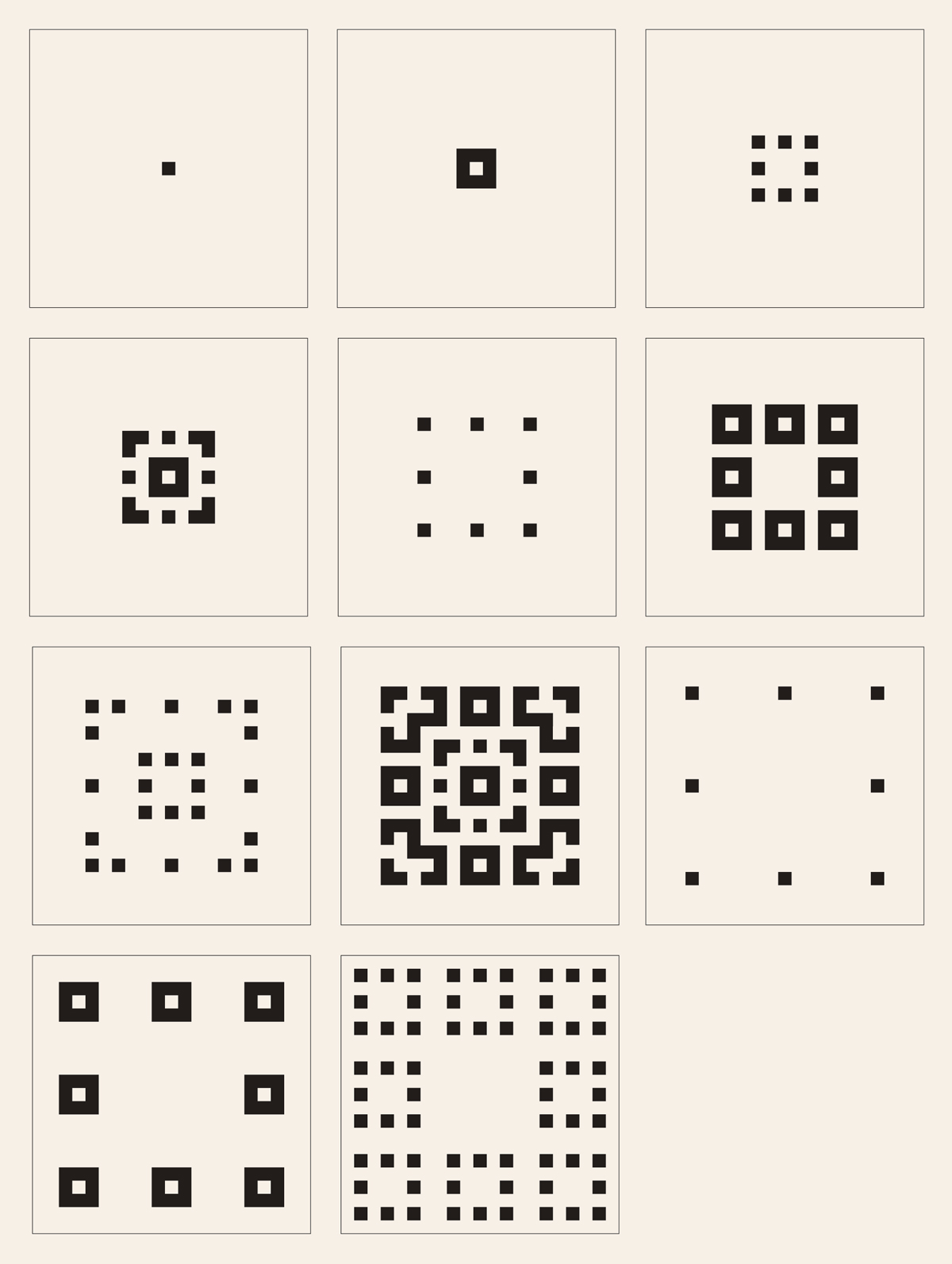 Cellular automata are systems consisting of an array of squares, each of which may be either on (black) or off (white). Mathematicians model such systems on computers. For each iteration of the sequence, every square changes color according to a set of rules based on the colors of its neighboring squares. For example, a square might change from on to off if all the squares surrounding it are off. The diagrams here illustrate the first eleven steps of the so-called Fredkin replicator, a cellular automaton in which numerical patterns repeat in a mysterious way. The replicator operates according to one rule: in each new iteration, a cell will be on if, and only if, in the previous iteration an odd number of its surrounding squares were on. Thus, sequence A160239, which counts the number of on squares in each iteration of the Fredkin replicator, begins 1, 8, 8, 24, 8, 64, 24, 112, 8, 64, 64.