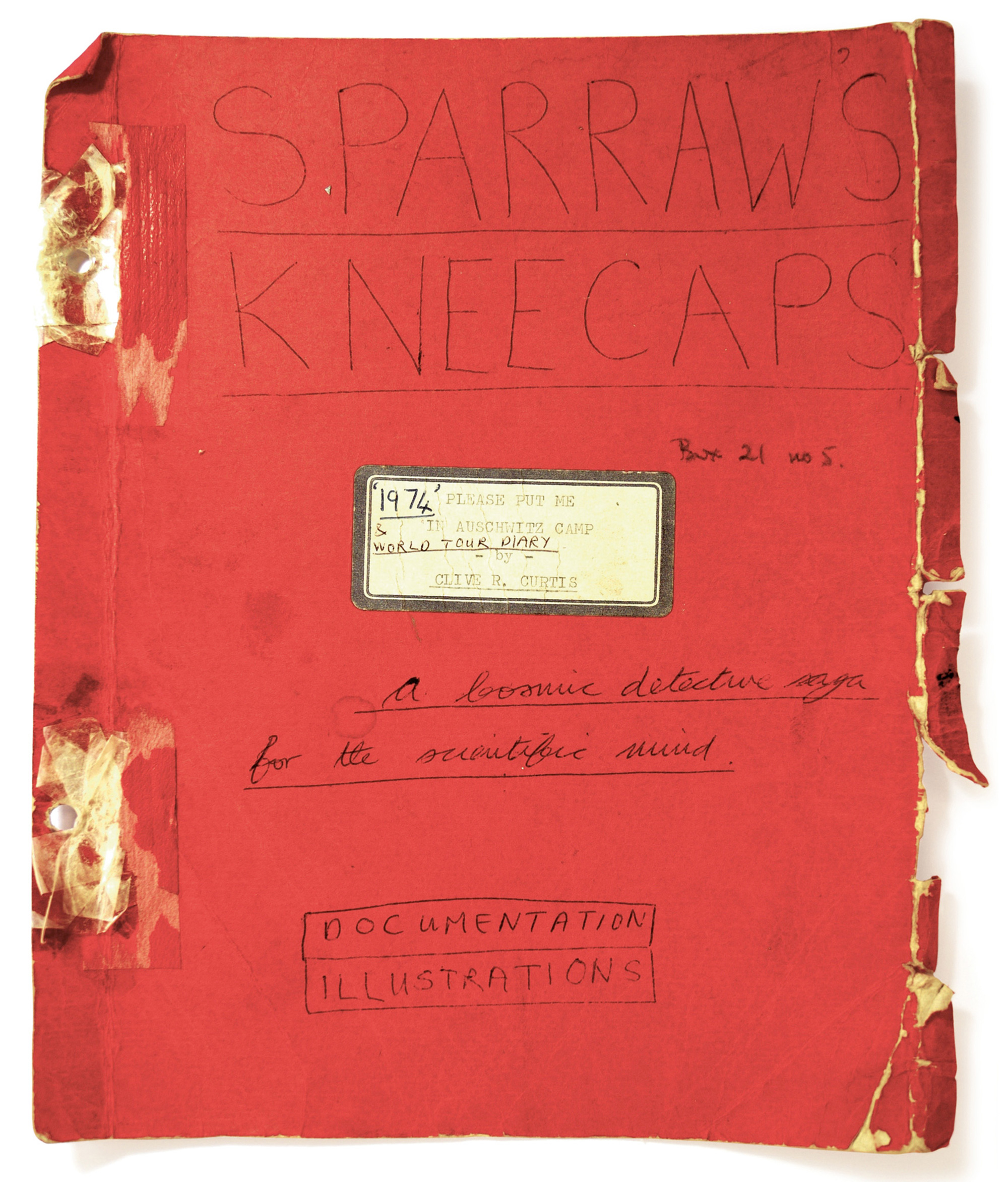 Front cover of “Sparraw’s Kneecaps” manuscript by Clive R. Curtis, ca. 1974. All photos Taki Shiomitsu. All images courtesy Elizabeth Price and Wysing Arts Centre.