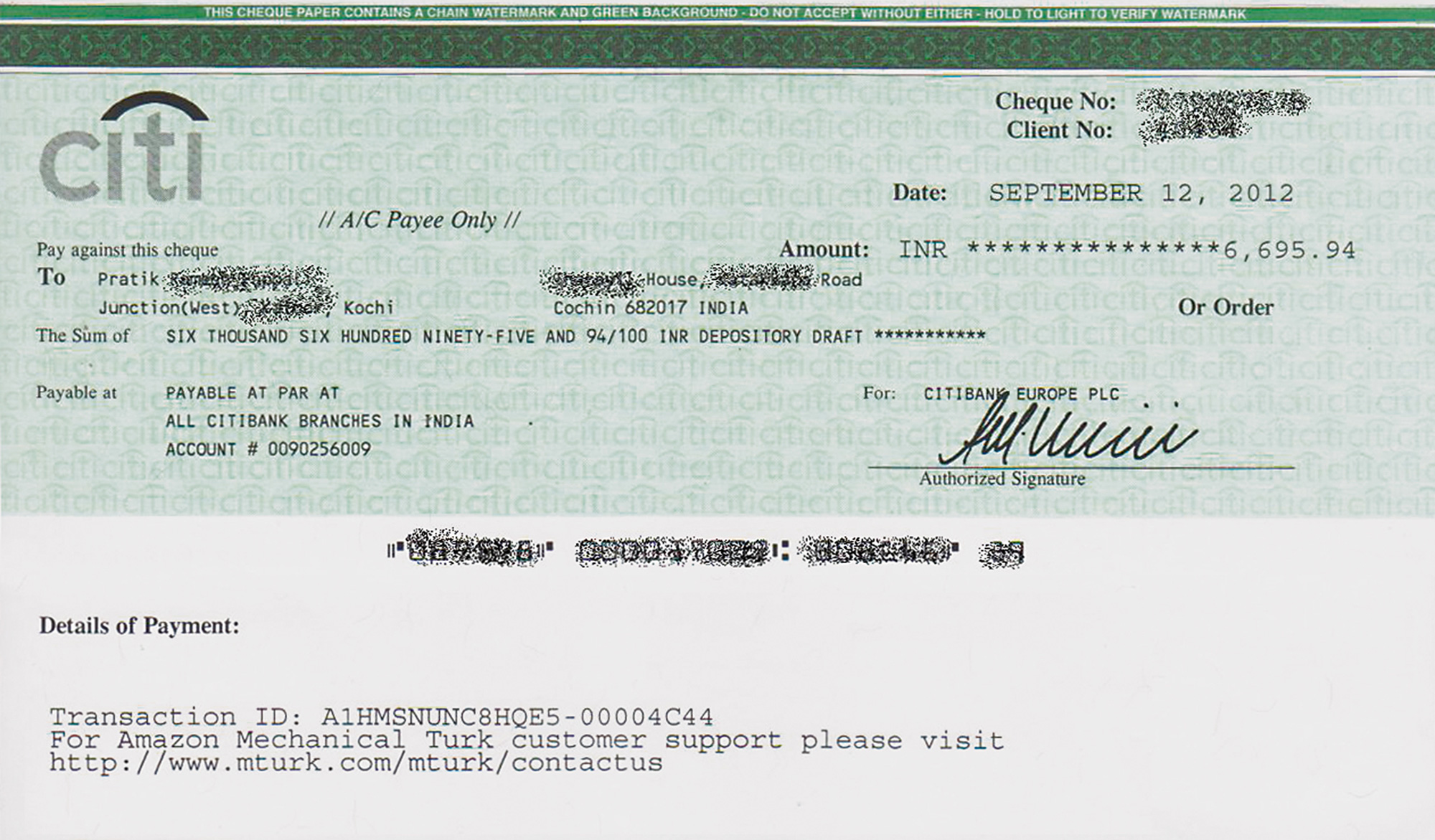 A check made out to an Indian Mechanical Turk worker, dated September twenty twelve. The payment is roughly equivalent to 120 US dollars.
