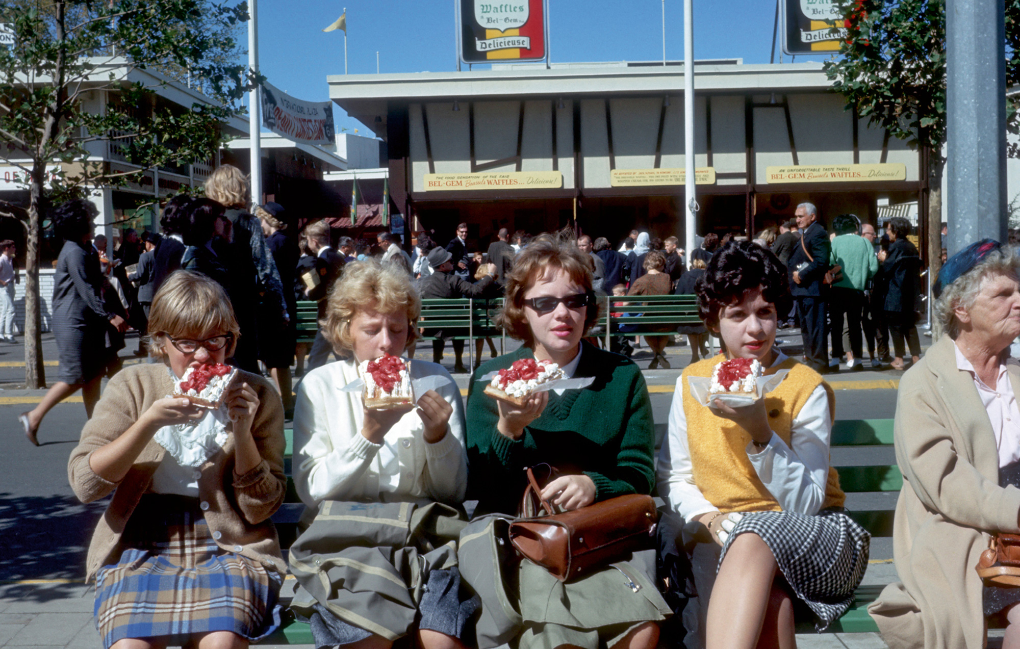 Four happy customers of Bel-Gem waffles, 1964 World’s Fair, New York. The snack proved so popular that the Vermersch family opened a number of additional stands during the course of the fair, such as this one in an area known as the International Plaza. Courtesy Bill Cotter.