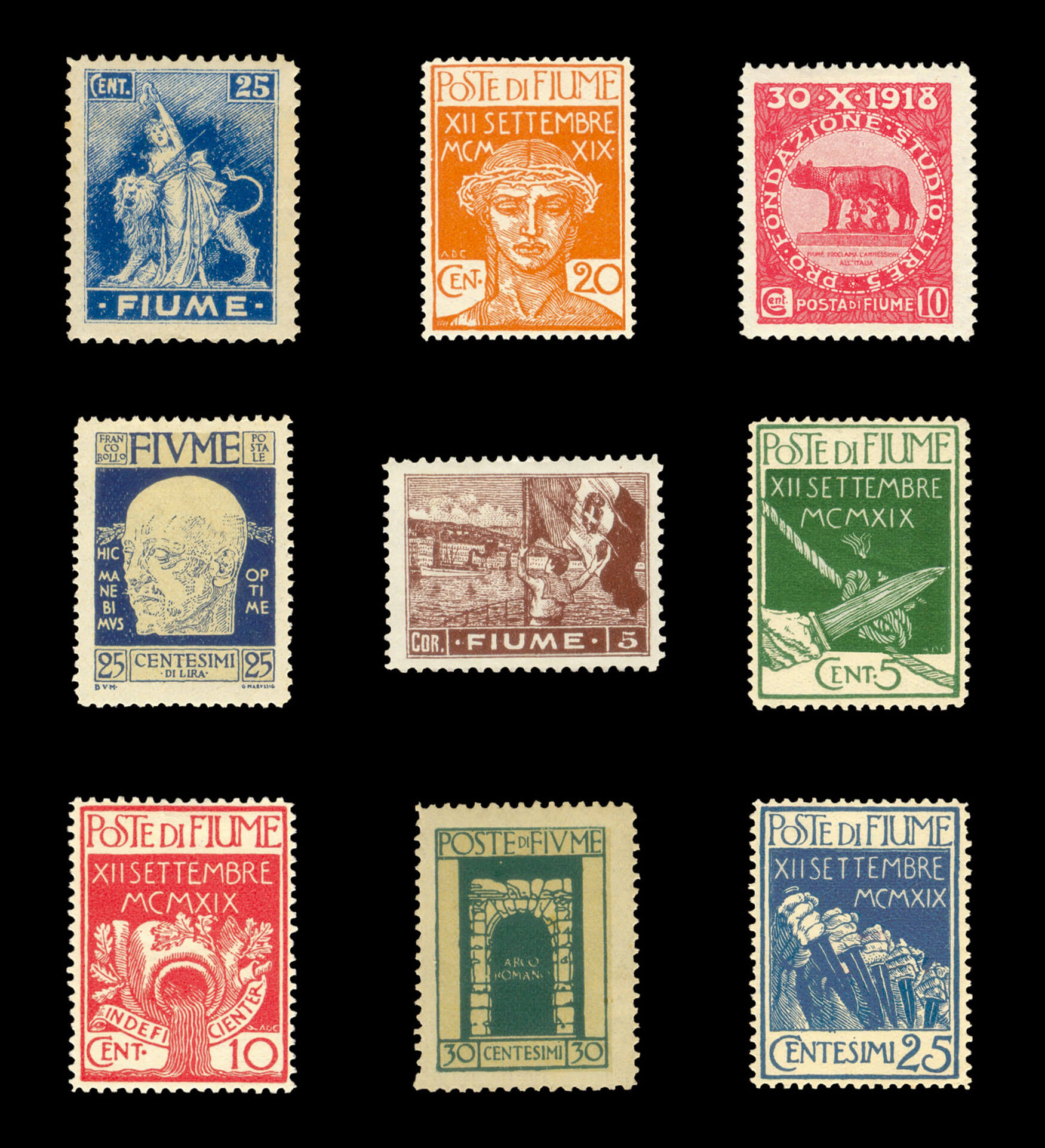 A selection of Fiumean stamps issued during D’Annunzio’s occupation of the city. Note the variety of symbols recalling the Roman empire. The stamp at the center of the left column features a portrait of D’Annunzio himself. Courtesy Ivan Martinaš.