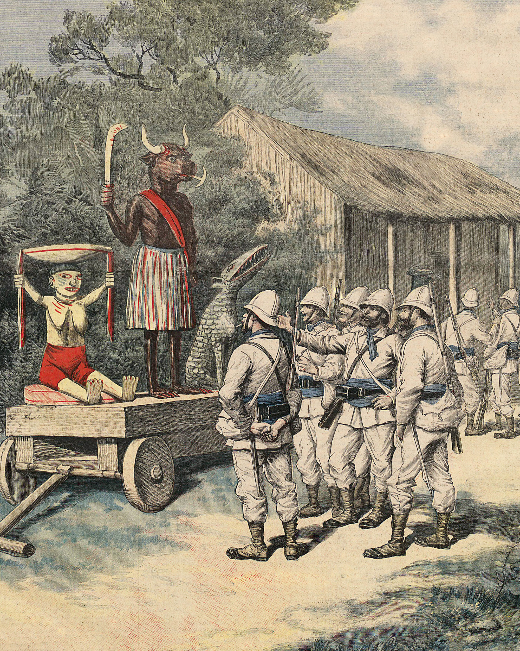 French soldiers at Cana examine captured Dahomean bocio. Unlike the statues taken from Abomey, these were destroyed. Image from Le Petit Journal: Supplément Illustré, 26 November 1892. Courtesy Bibliothèque nationale de France.