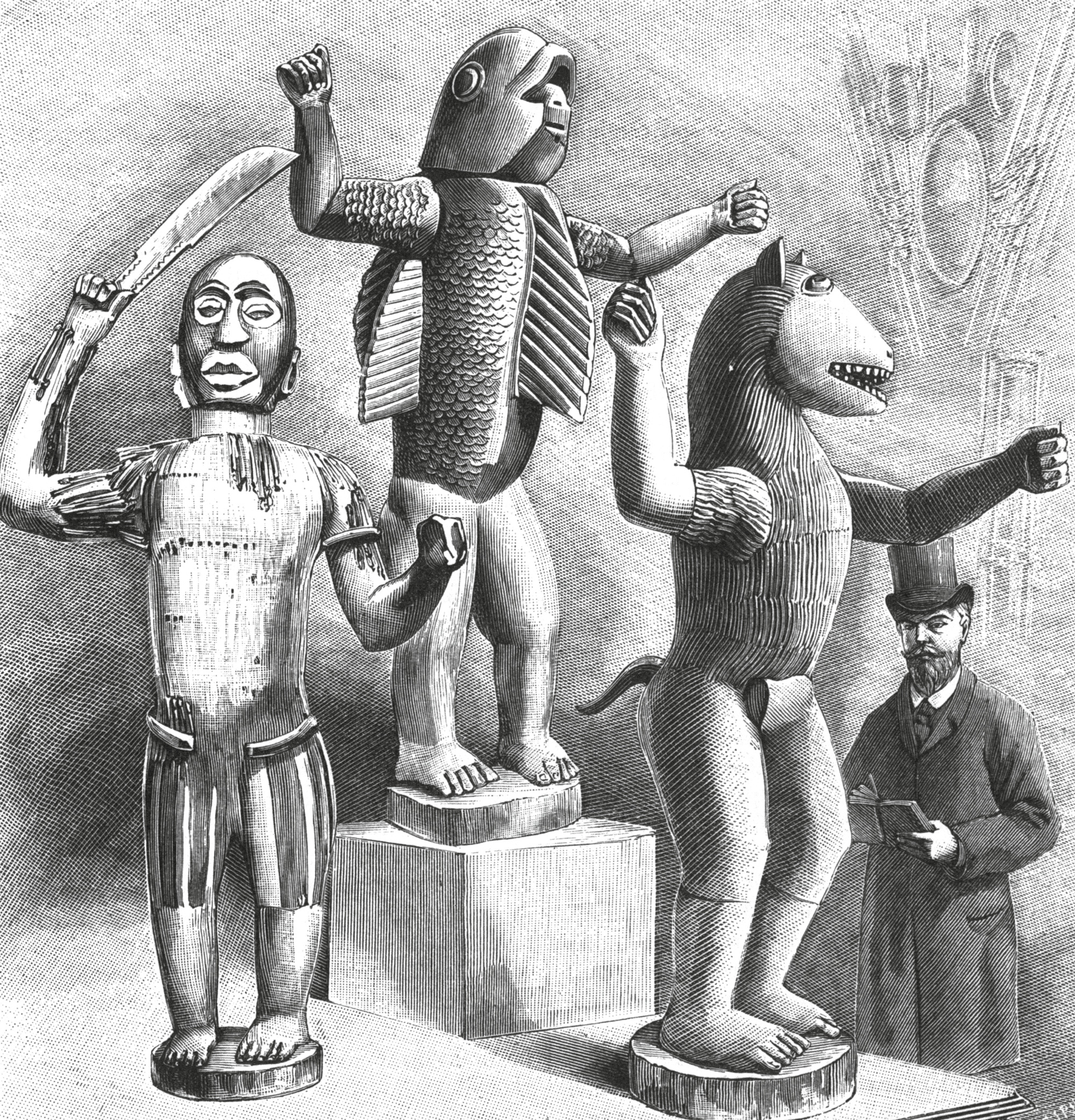 Bocio depicting the Dahomean kings Guezo, Glele, and Béhanzin exhibited in Paris at the Musée d’Ethnographie du Trocadéro. From La Nature, vol. 22, no. 1086, 1894. Courtesy Conservatoire numérique des arts et métiers.