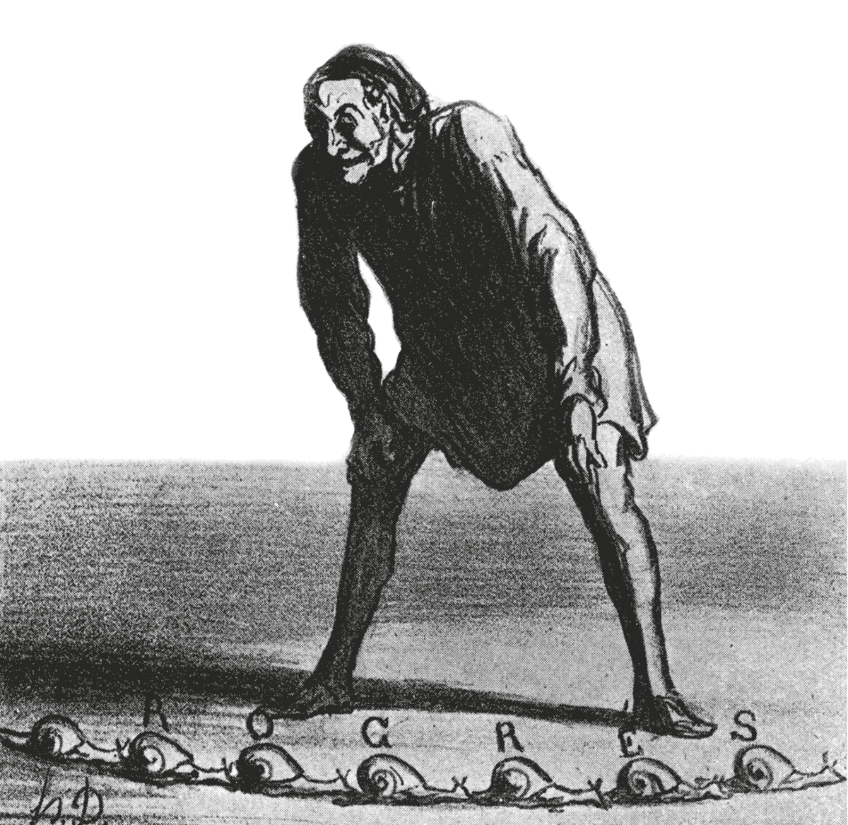 Honoré Daumier, Les escargots non sympathiques, published in Le Charivari, 25 September 1869. Nineteen years after Jules Allix’s article, the trope of “sympathetic snails” had retained enough currency to be used as the title of this cartoon. Where Allix’s sympathetic snails had promised a world of instantaneous communication, the non-sympathetic snails here represent the slow progress of social reforms promised by the Second Empire to workers like the one depicted in Daumier’s drawing.