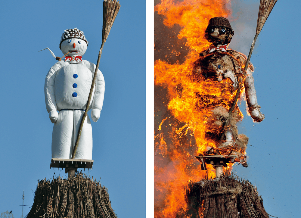 The burning of the Böögg. Effigy of snowman alight at the 2011 Sechseläuten festival in Zurich. Courtesy “Roland Zh” via Wikimedia Commons.
