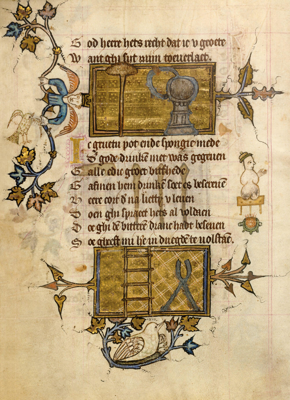 An page of a Dutch book of hours from the late fourteenth century, depicting a snowman roasting over a fire in the margin.