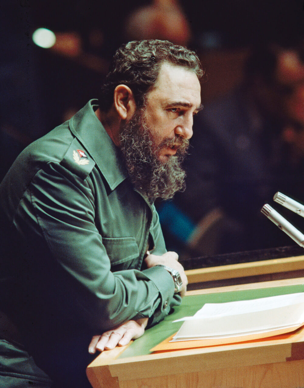 Wearing his iconic army green uniform, Fidel Castro addresses the United Nations on 12 October 1979. Photo Yutaka Nagata.