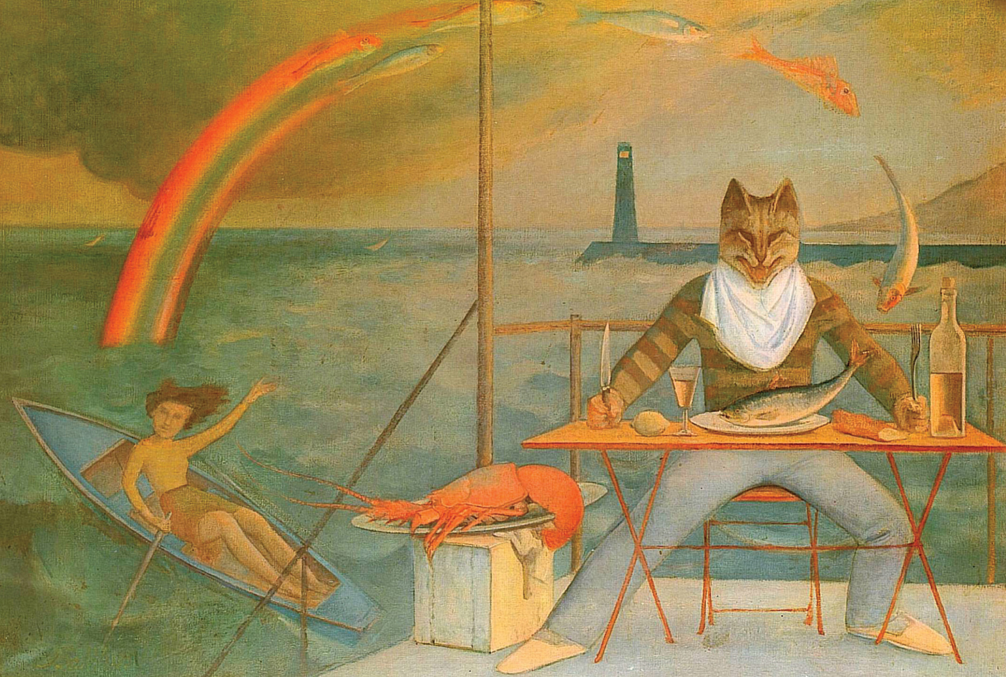 Balthus, The Cat of La Méditerranée, 1949. Painting made for La Méditerranée, a Paris restaurant frequented by the artist. The young woman in the boat was modeled on the daughter of Balthus’s friend Georges Bataille.