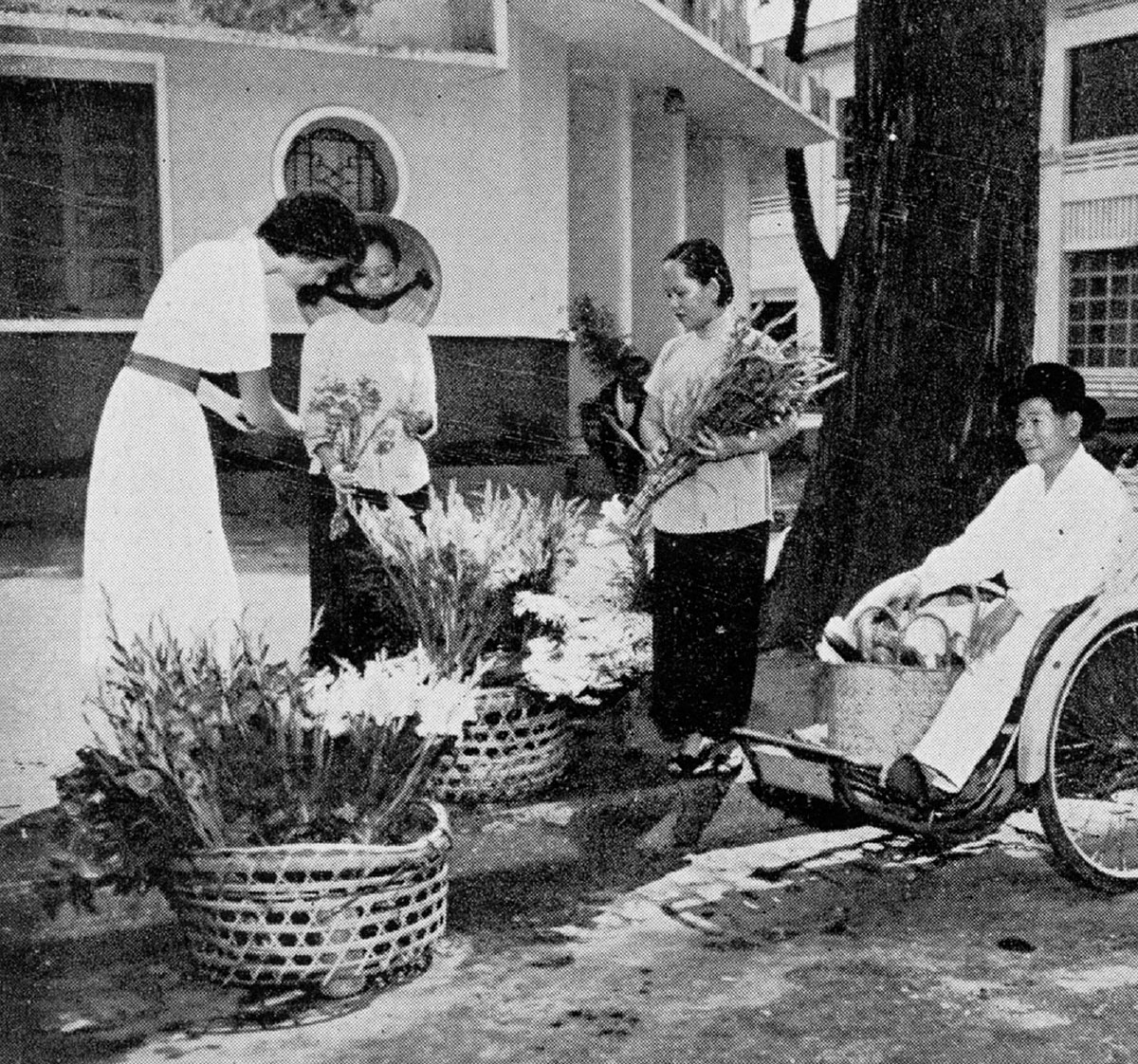 A photograph of flower vendors near the cathedral in Saigon. From a 1959 book published by the American Women’s Association of Saigon entitled “Saigon: A Booklet of Helpful Information for American in Vietnam.”