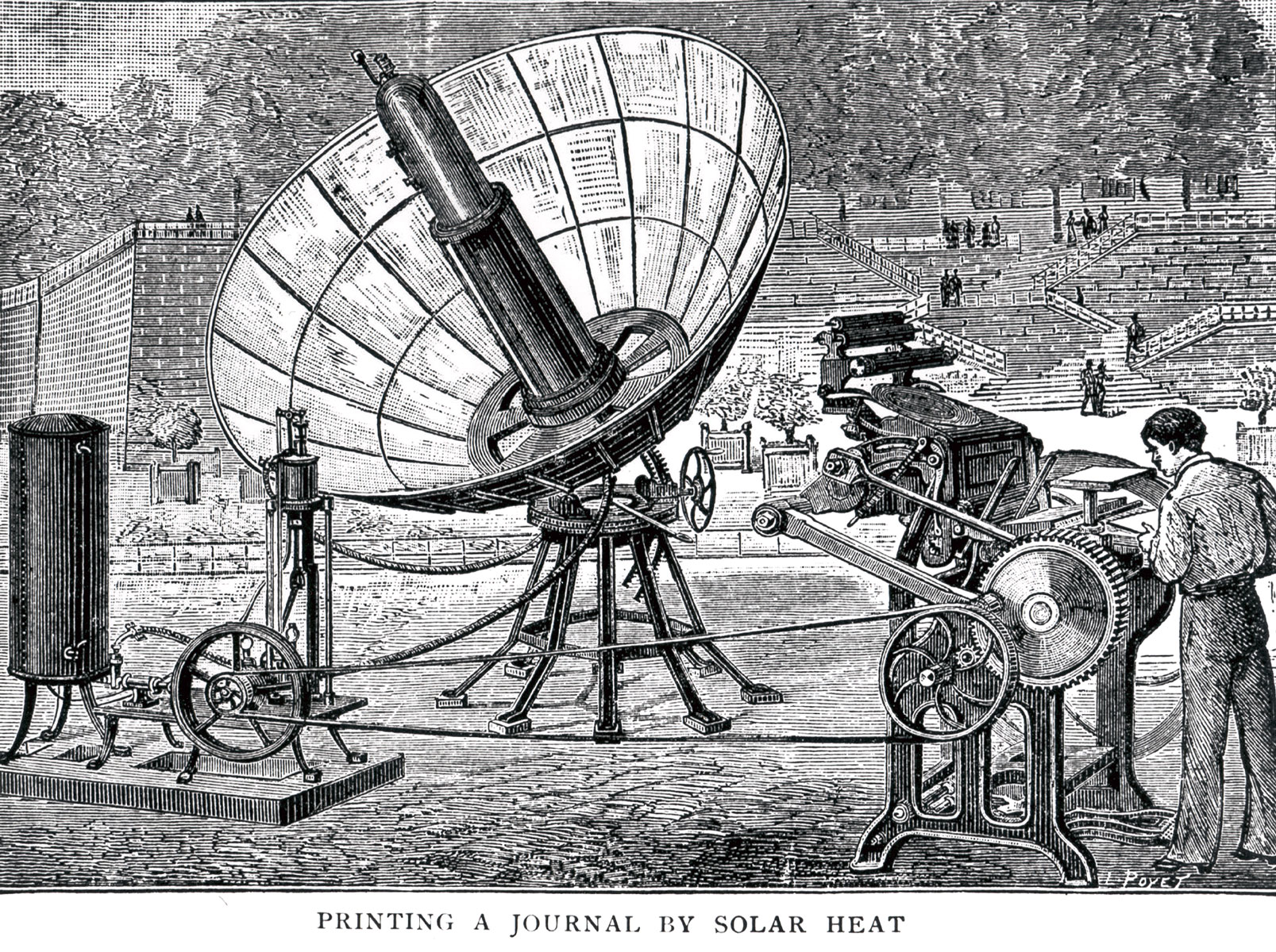 Abel Pifre and his solar powered printing press. Image from Scientific American, May 1882.