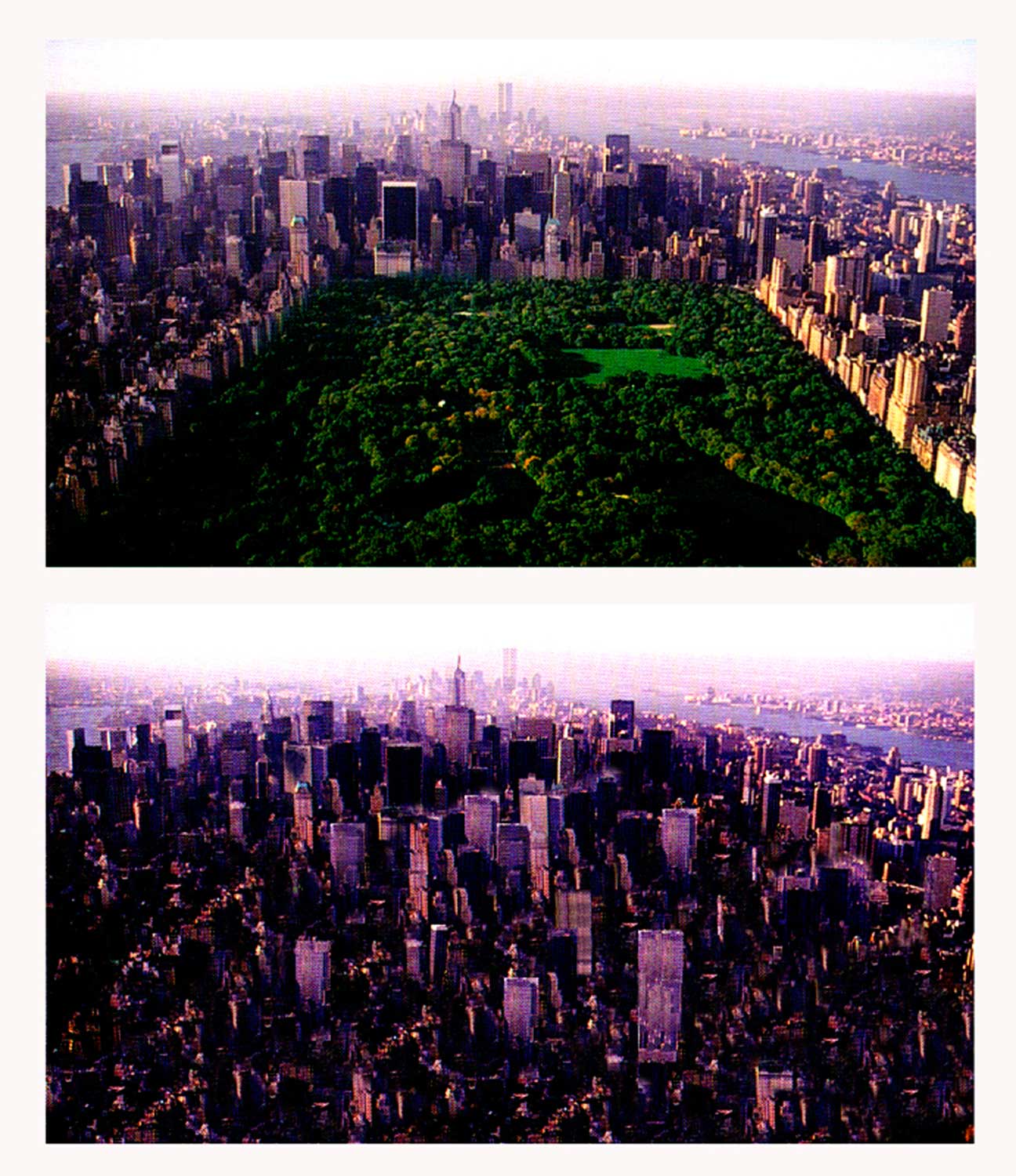 Two photographs, the top one showing Manhattan with Central Park in its actual location and the bottom one altered to remove the park.