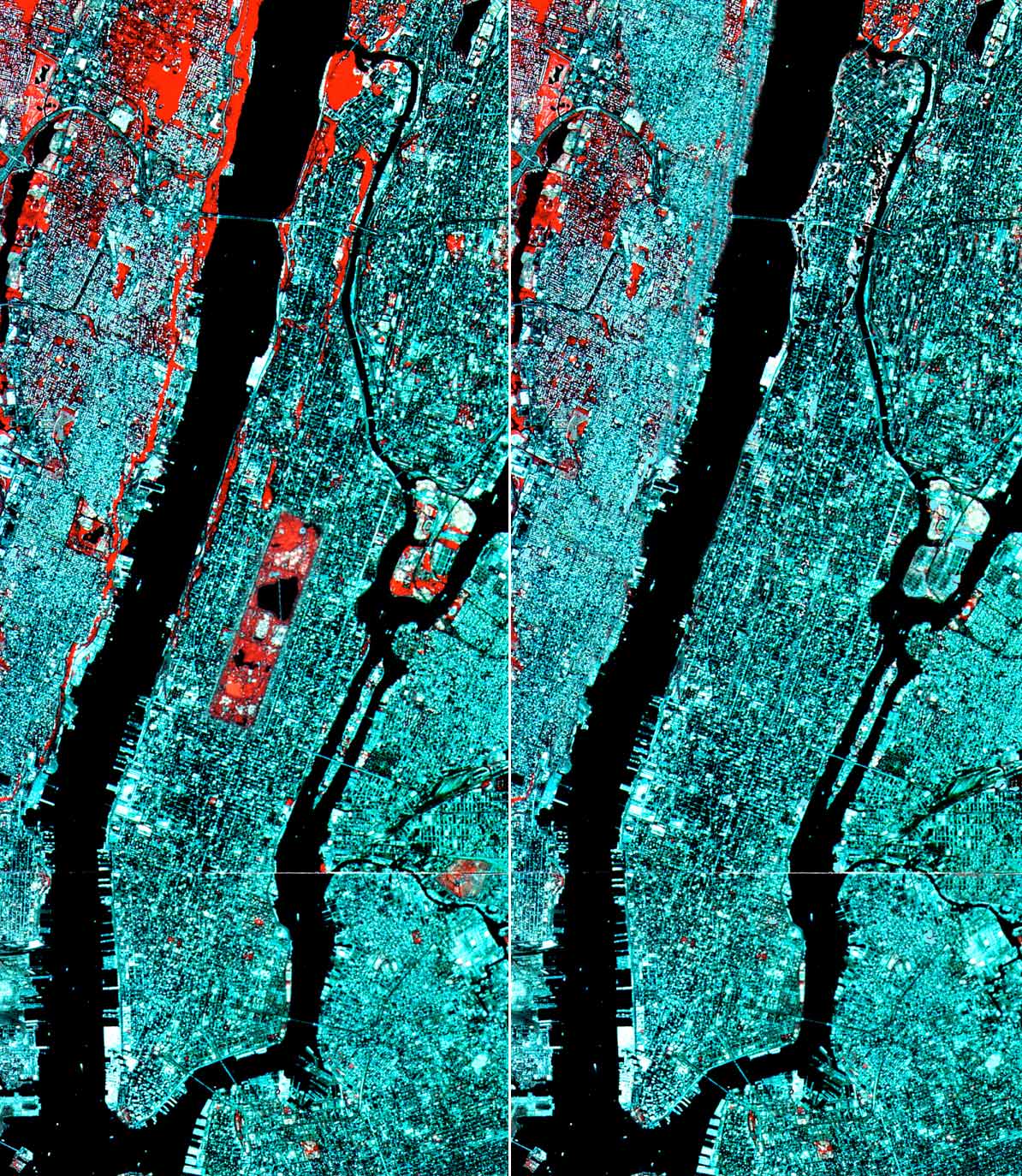 Two satellite images, the left one showing Manhattan with Central Park in its actual location and the right one altered to remove the park.