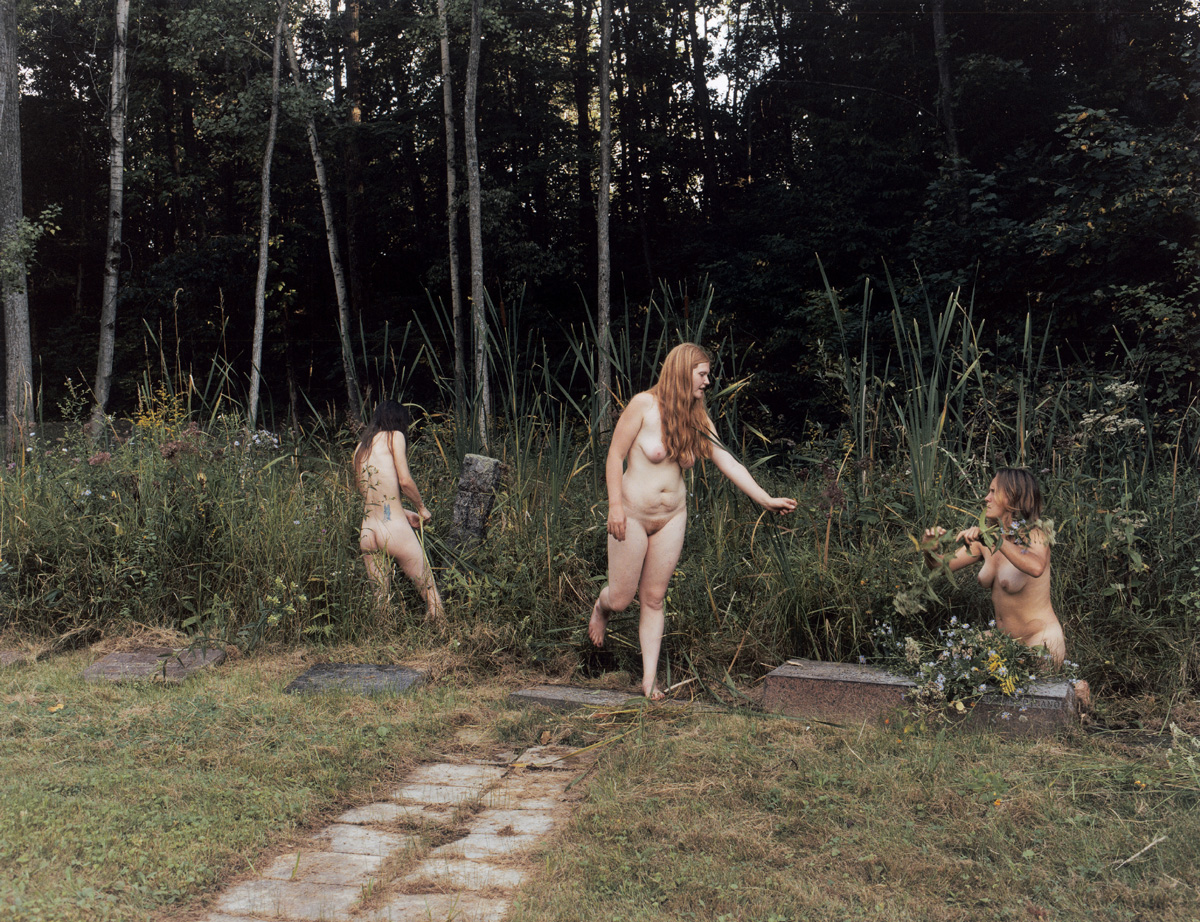 A 2001 photograph by artist Justine Kurland entitled “Cattails and Swamp Fronds” depicting nude women gardening.
