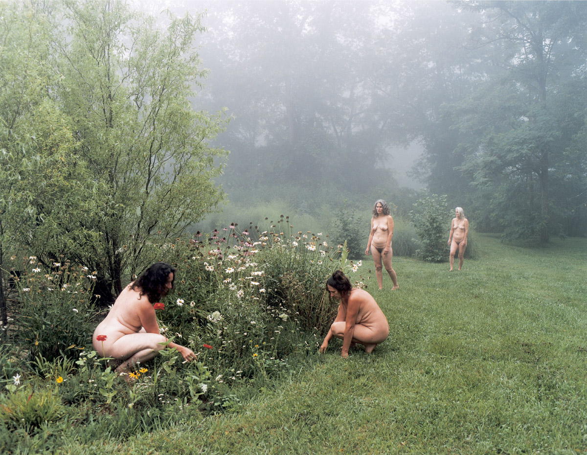 A 2001 photograph by artist Justine Kurland entitled “Red Zinnia” depicting nude women gardening.