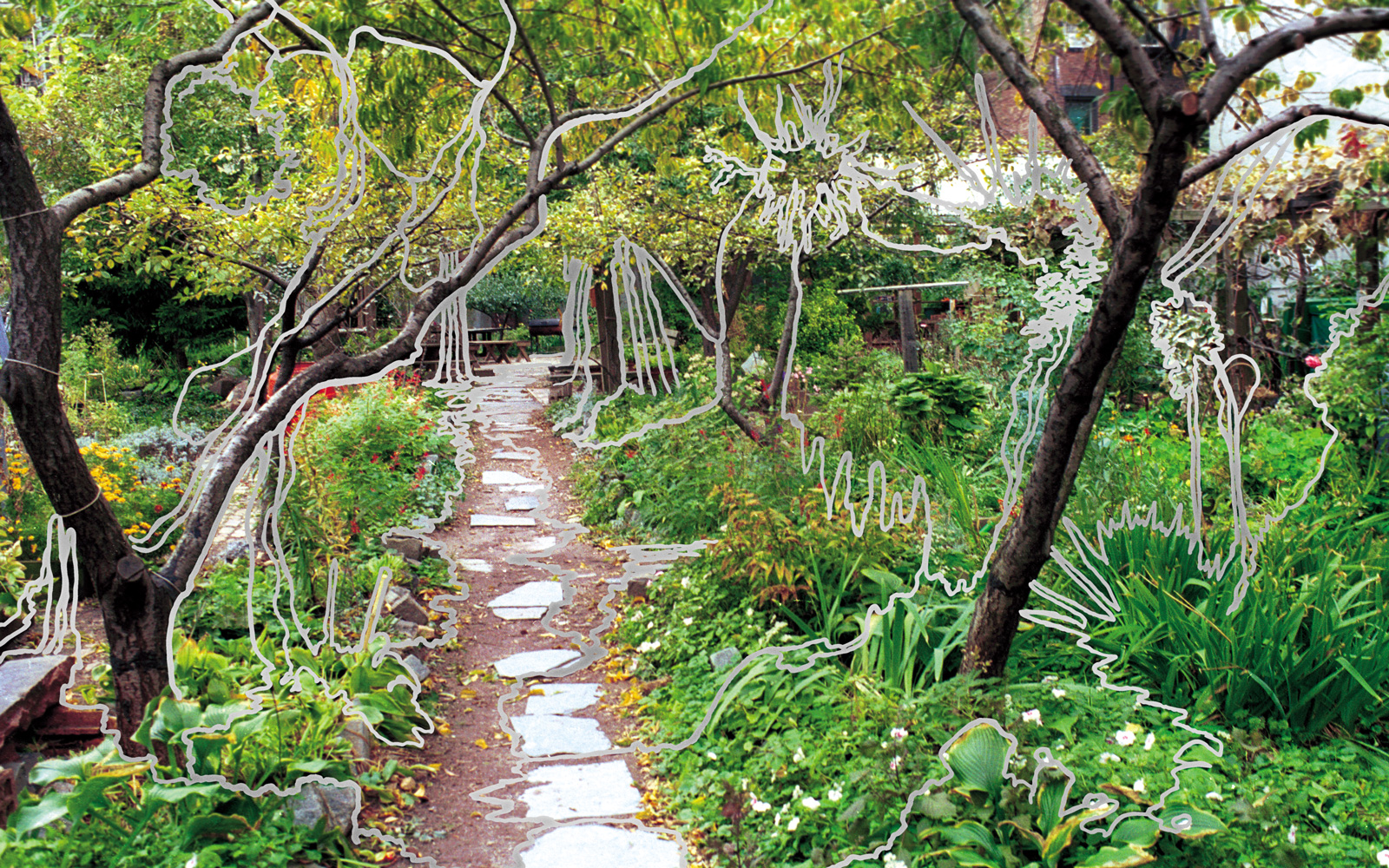 A 2002 artwork by Søren Martinsen entitled “Loisada (Garden Path),” featuring drawn designs on top of a photograph of a New York City garden.