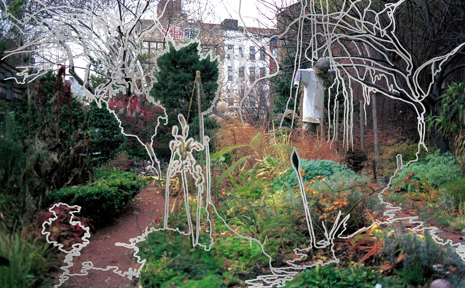 A 2002 artwork by Søren Martinsen entitled “Loisada (Scarecrow),” featuring drawn designs on top of a photograph of a New York City garden.