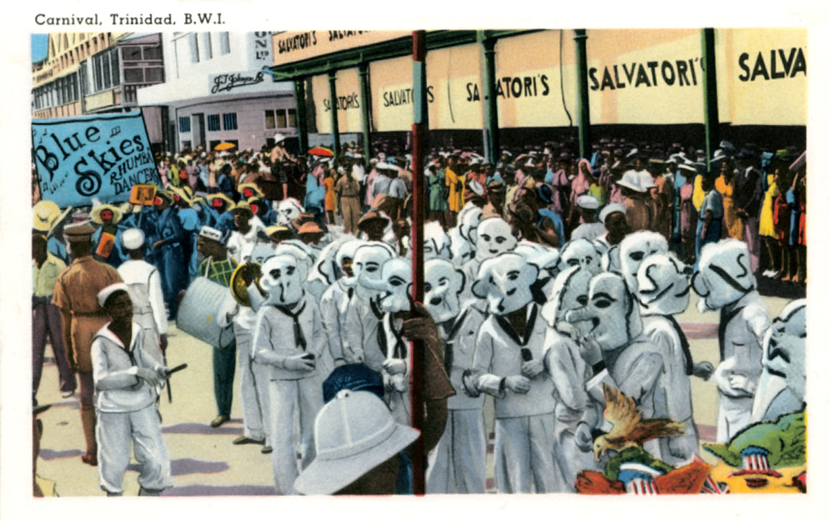 A stylized photographic postcard showing costumed Carnival participants and bearing the legend “Carnival, Trinidad, B.V.I.”