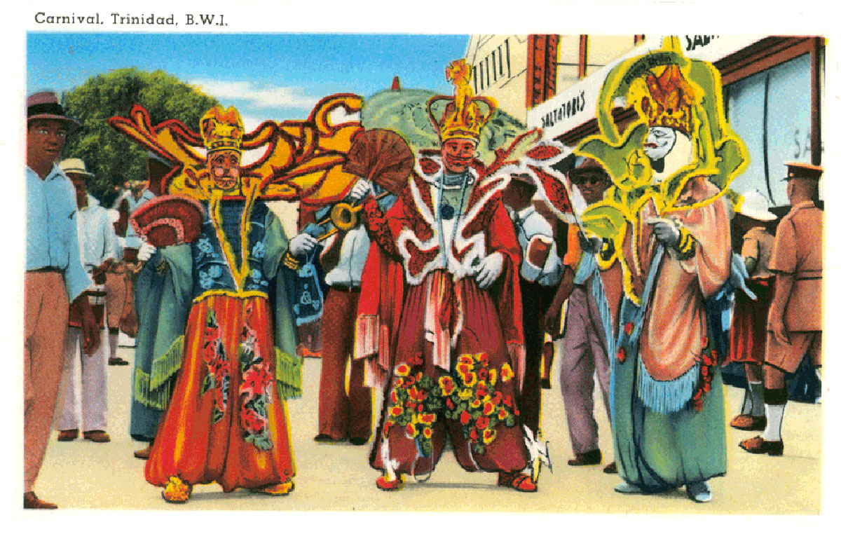 A stylized photographic postcard showing costumed Carnival participants and bearing the legend “Carnival, Trinidad, B.V.I.”