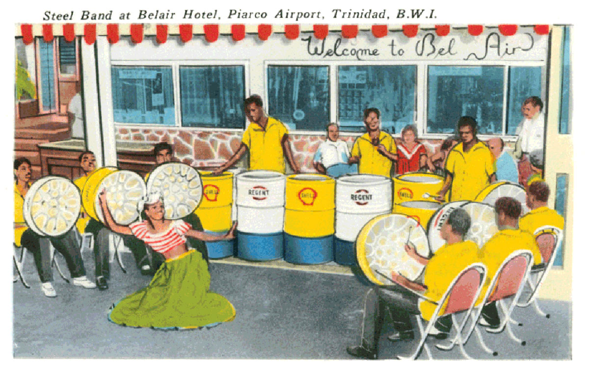 A stylized photographic postcard showing musicians and bearing the legend “Steel Band at Belair Hotel, Piarco Airport, Trinidad, B.V.I.”