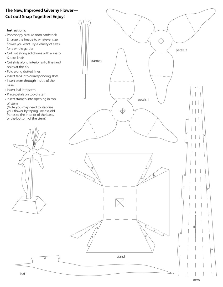 A 2001 image of the paper cutout project by artist Rachel Urkowitz’s entitled “The New Improved Giverny Flower.” There is a link in the caption to a PDF of the instructions.