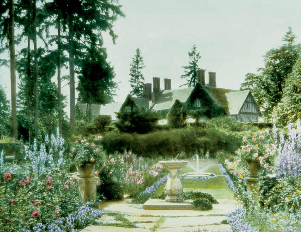 A hand-colored lantern slide circa 1935 of Thornewood with overpainted guests by Reginald A. Malby & Company.