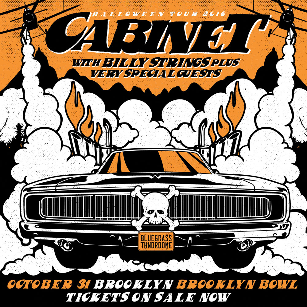 A poster for a twenty sixteen Halloween concert by bluegrass band Cabinet, with Billy Strings and special guests. 