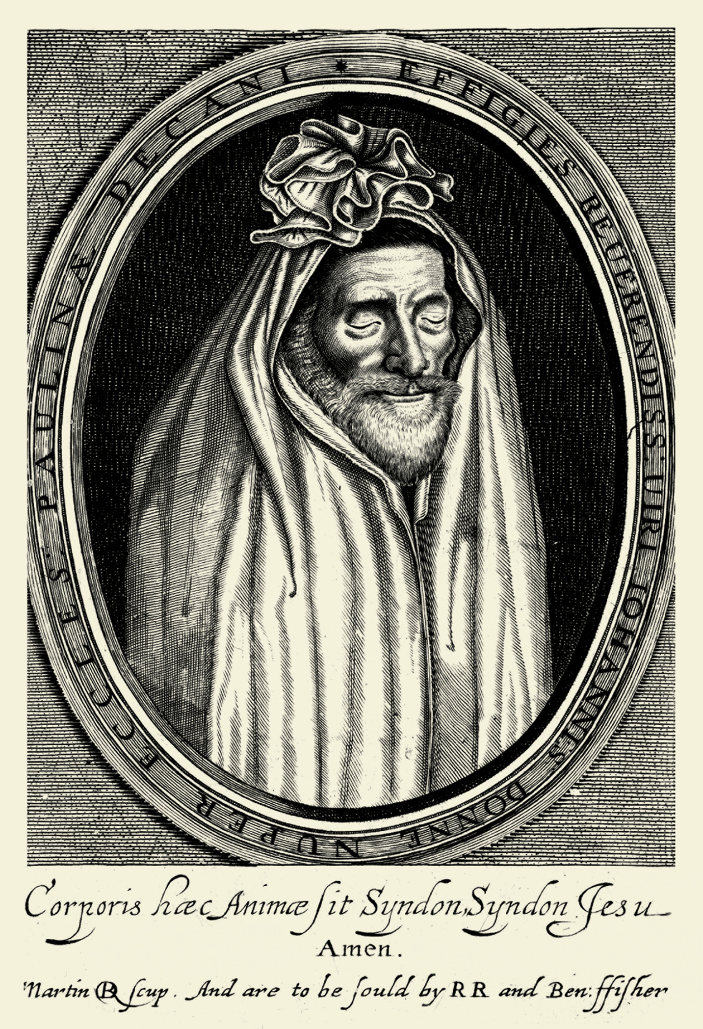 An engraved illustration of John Donne as a corpse. This engraving was based on a portrait that an ailing Donne commissioned of himself in sixteen thirty one, and was used as the frontispiece for the sixteen thirty two edition of Deaths Duell.