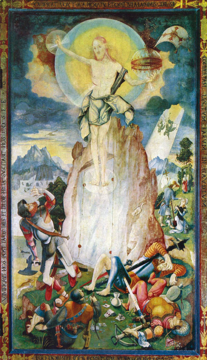 A panel from Jerg Ratgeb's fifteen nineteen Herrenberg Altarpiece, depicting a card game interrupted by the resurrected Christ. By examining the cards and noting the fact that the soldier at lower right seems to be suffering from an inguinal hernia, at least one scholar has suggested that the game being played is karnoffel.
