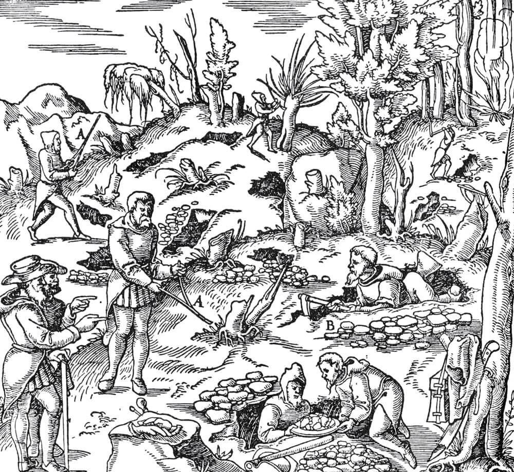 An engraved illustration from Georgius Agricola's fifteen fifty six