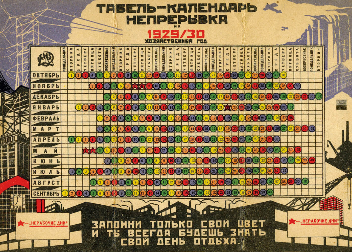 Calendar for 1929–1930 showing rest days for each of the five worker groups, designated here by different colors. In this version of nepreryvka, the continuous workweek, workers had every fifth day off. The text at bottom reads: “Just remember your color and you’ll always know your rest day.” The five days with red stars indicate official holidays on which no one worked. Courtesy Erast Butakov.