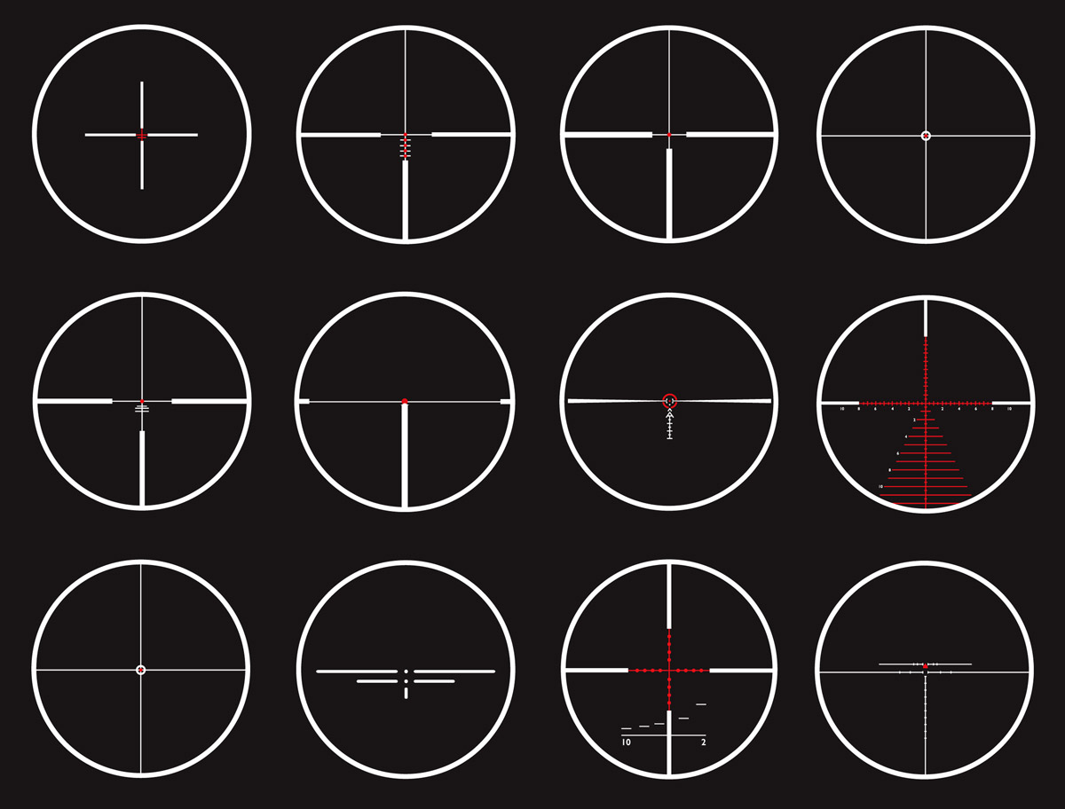 An image of twelve riflescope reticles, with various display options shown. The reticles are available from Kahles, an Austrian optical instruments manufacturer.