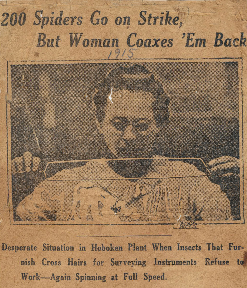 A nineteen forty one image of Mary Pfeiffer spinning spider silk, accompanying an article about her work.