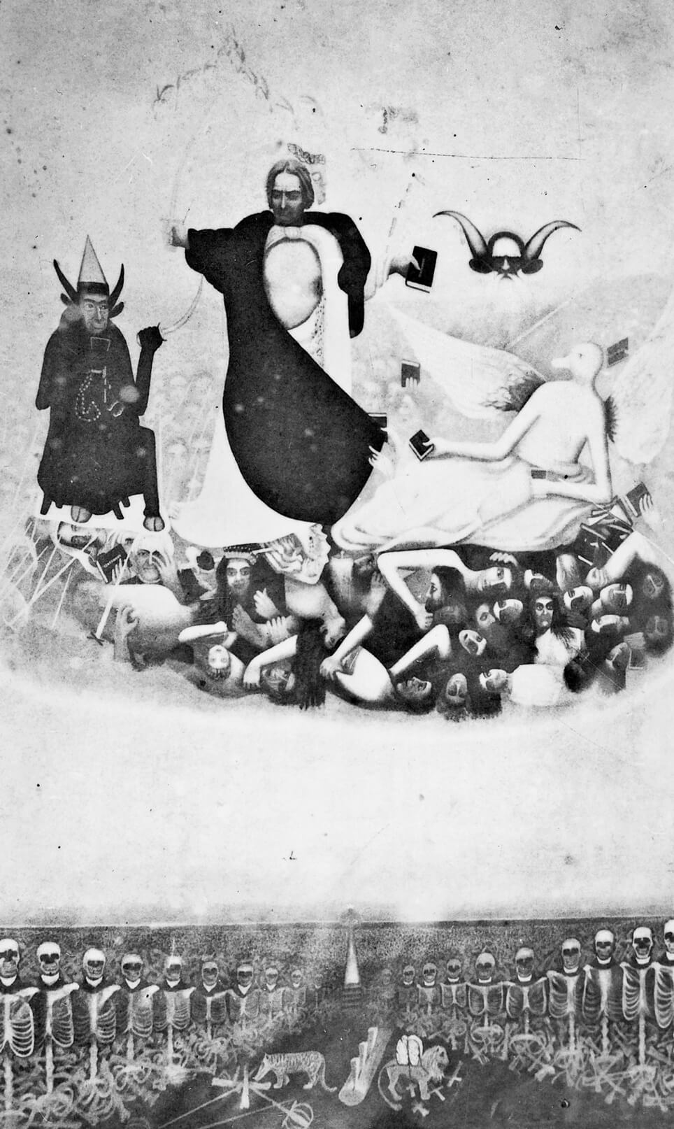 Reproduction of an undated painting by John Ballou Newbrough lost in a flood while in storage in El Paso, Texas. The complex iconography of the painting—said to be seventeen feet tall and ten feet wide—depicted a central tenet of Oahspe’s theology: that Christianity was founded when a powerful spirit usurped and distorted the teachings of the Jewish prophet Joshu/Jesus. Sometimes referred to as The Three Worlds, the painting depicts the three realms outlined in Oahspe—the work’s lower third, where the skeletons can be seen, depicts Corpor; the false God-Christ figure occupies the middle region, called Atmospherea; and the now-faded upper portion represents Etherea, the higher heavens. Thanks to Leslee Alexander for her assistance with the captions for this article.