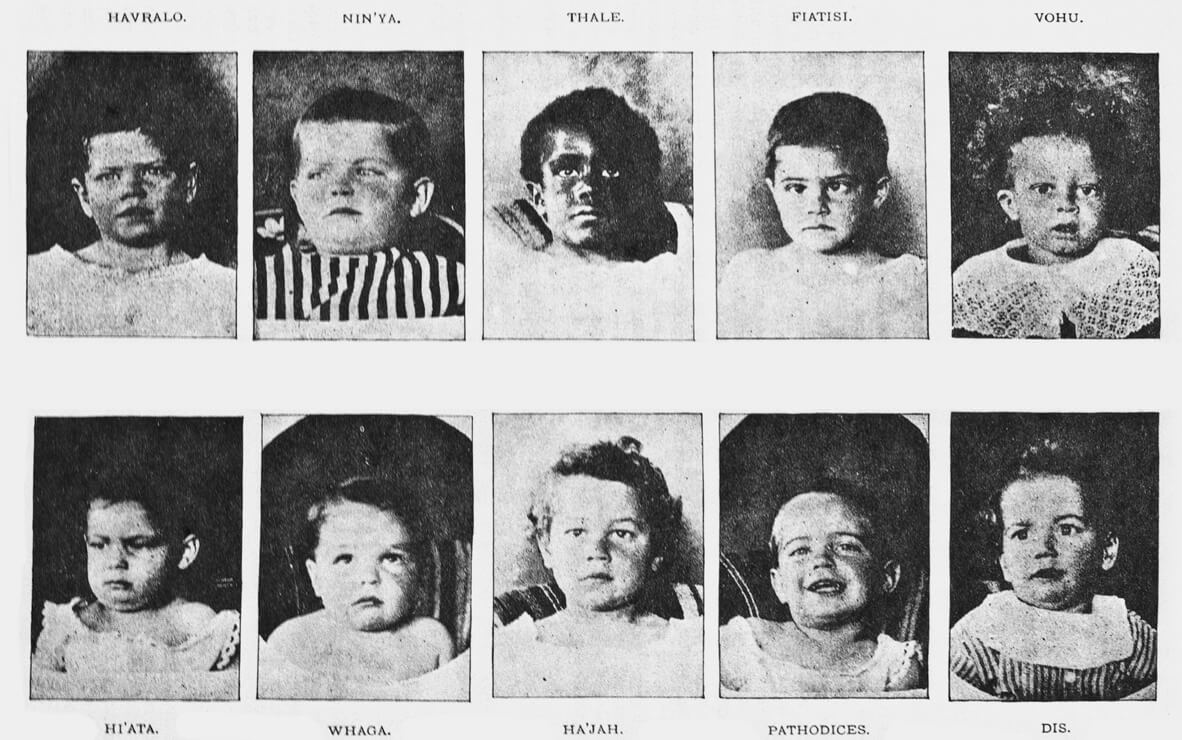 A print of ten photographs of Shalam’s infants published in the second edition of Oahspe, eighteen ninety one. The names of the children are listed: Havralo, Nin’ya, Thale, Fiatisi, Vohu, Hi’ata, Whaga, Ha’jah, Pathodices, Dis. A number of the infants came from New Orleans, where Newbrough had opened a temporary “receiving station” to accept foundlings.