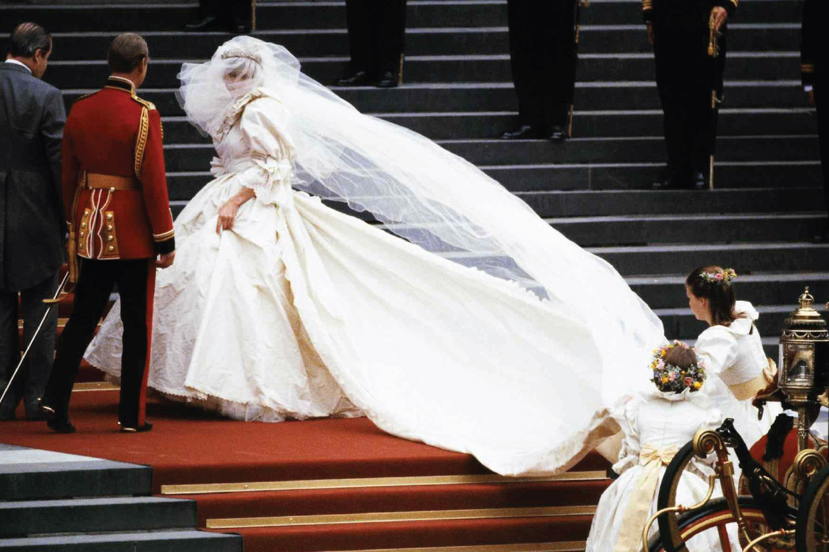 A photograph of Princess Diana at her wedding ceremony on July twenty ninth, nineteen eighty one.