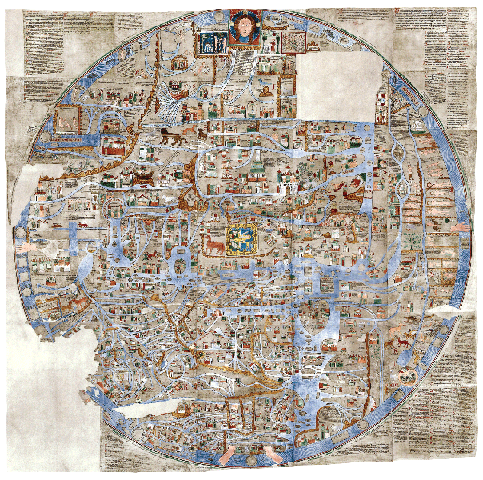 A facsimile of the thirteenth-century Ebstorf Map, the vellum original of which was destroyed in October nineteen forty three during the Allied bombings of Hanover. At nearly twelve feet by twelve feet, it is one of the largest of the known medieval mappae mundi. The radial map was discovered in circa eighteen thirty in what is now Lower Saxony, and depicts the world incorporated within the body of the crucified Christ, whose head, hands, and feet are situated at the four major points of the compass rose.