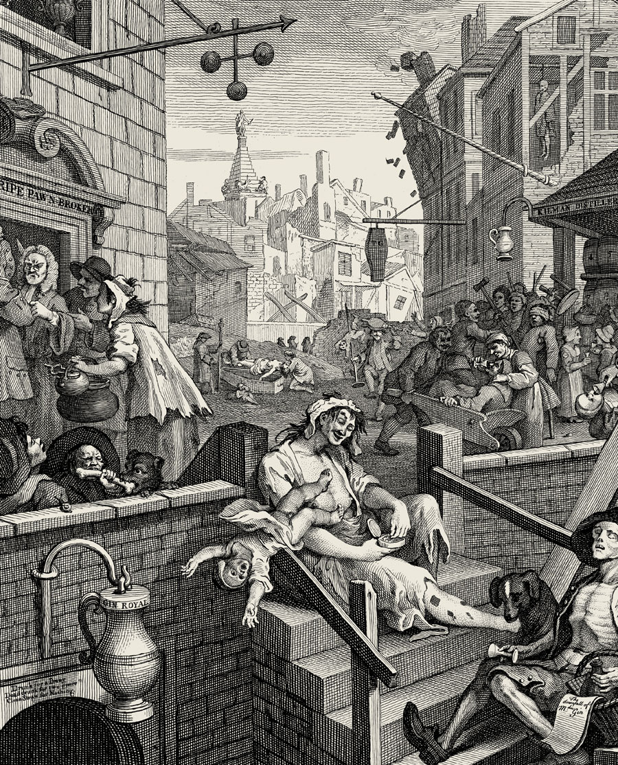 A seventeen fifty one illustrated engraving titled ”Gin Lane,” by William Hogarth, depicting a scene of urban poverty and chaos amidst storefronts for a pawnbroker, gin distillery, and coffin maker.