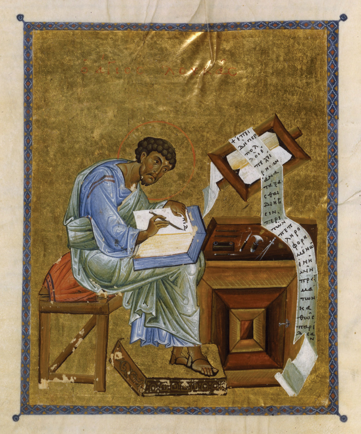 A twelfth-century gospel book illustration depicting Saint Mark the Evangelist writing on a scroll.