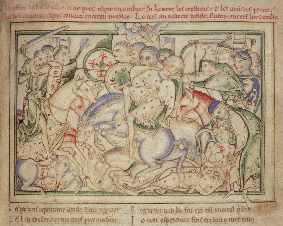 An illustration of the Battle of Hastings from Matthew Paris’s thirteenth-century manuscript “Vie de seint Auban.” The scene depicts armored individuals upon horses in a moment of collision and conflict.