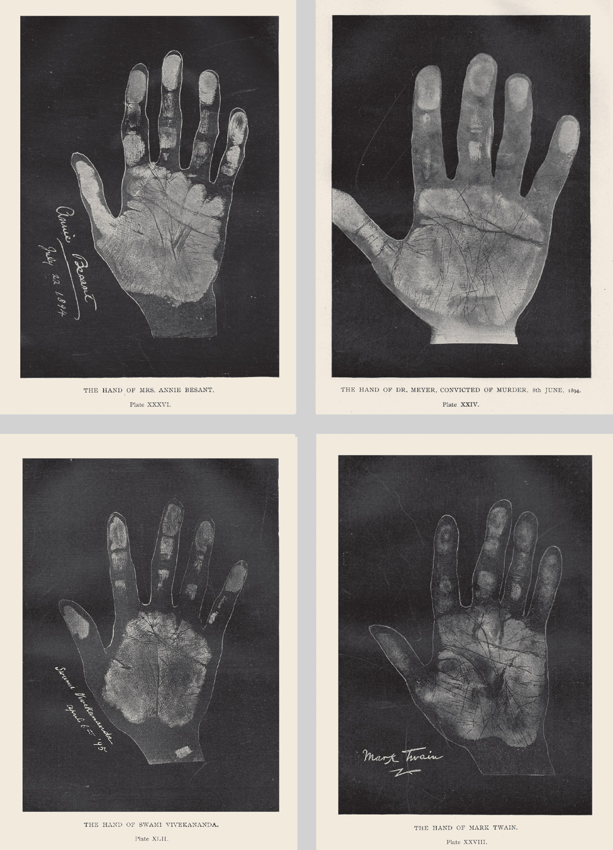 Four handprints from Cheiro’s eighteen ninety four book “Language of the Hand.” Each handprint is that of a notable figure: Mark Twain, Swami Vivekananda, Annie Besant, and convicted murderer Dr. Meyer.