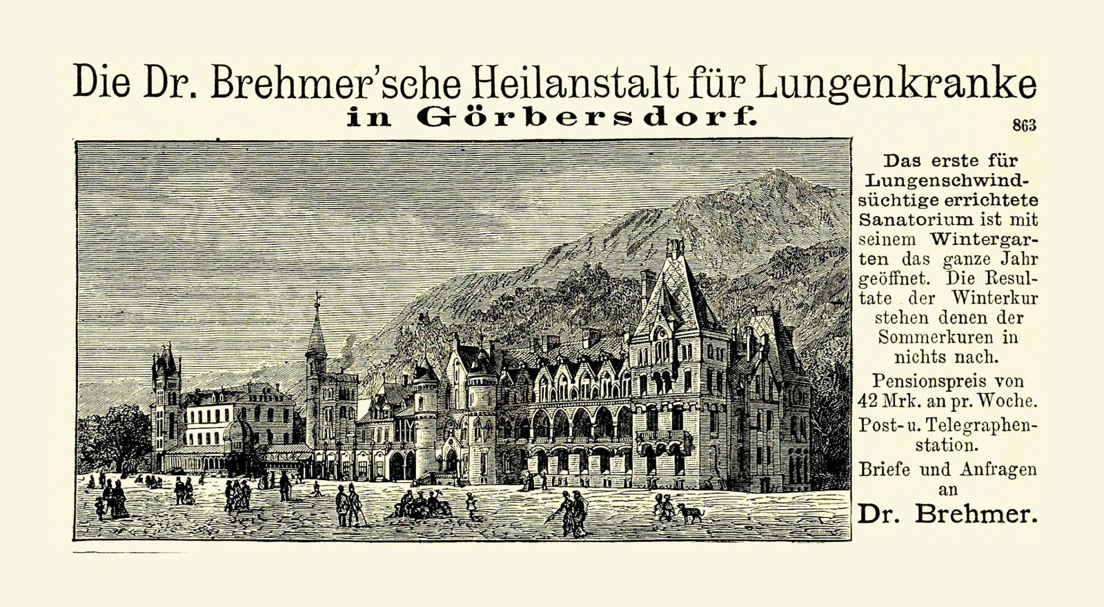 Advertisement for Dr. Brehmer’s sanatorium in Görbersdorf, ca. 1880. The text to the right of the image reads: “The first sanatorium built for consumptives is open all year with its winter garden conservatory. The results of the winter cure are in no way inferior to those of the summer cure. Room and board from 42 marks per week. Post and telegraph station. Direct letters and inquiries to  Dr. Brehmer.”