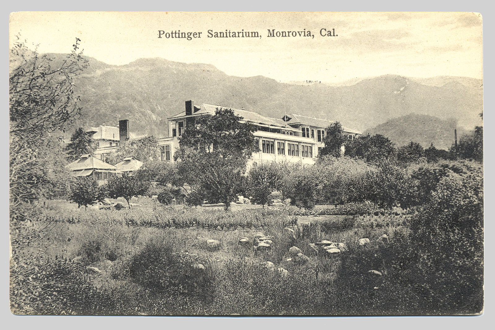 Pottenger Sanatorium, ca. 1923. Note that both parts of the institution’s name were misspelled by the issuing postcard company. Courtesy California State Library.